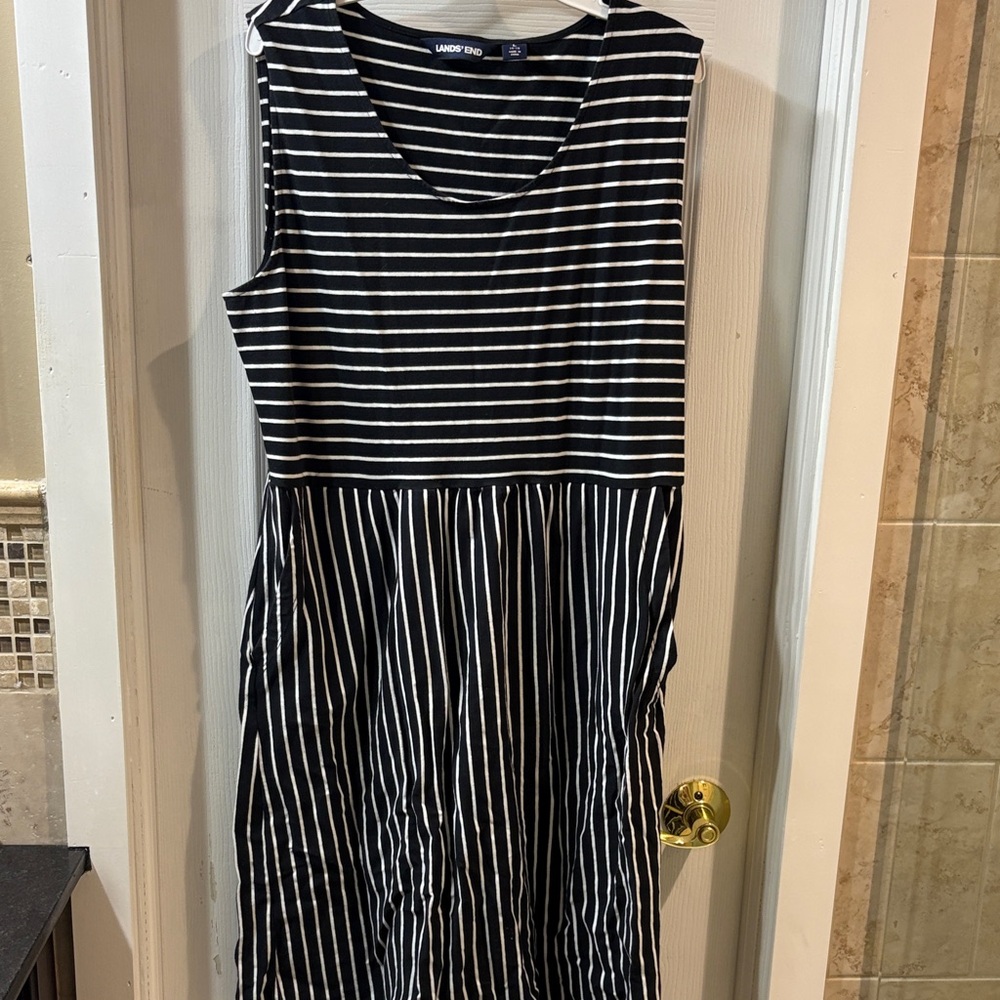 Lands' End Black and White Striped Midi Dress